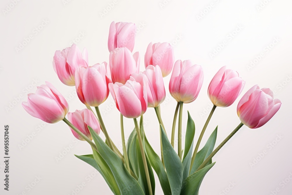 Pink tulip flowers bouquet over white background in sunlight