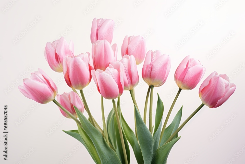 Pink tulip flowers bouquet over white background in sunlight Pink tulip flowers bouquet over white background in sunlight