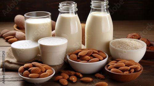 An image presenting a diverse assortment of almond products--almond milk  almond butter  and almond flour--arranged in an appealing composition  highlighting their culinary versatility.