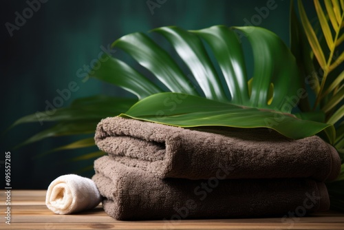  a pile of towels sitting on top of a wooden table next to a large green leaf and a white towel on top of a wooden table next to a green plant.