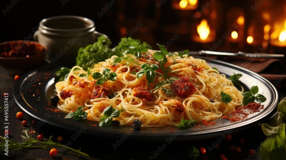 a plate of spaghetti with tomato sauce and parsley on a plate next to a bowl of pepperoni and parsley on a table with a candle in the background. a plate of spaghetti with tomato sauce and parsley on a plate next to a bowl of pepperoni and parsley on a table with a candle in the background.
