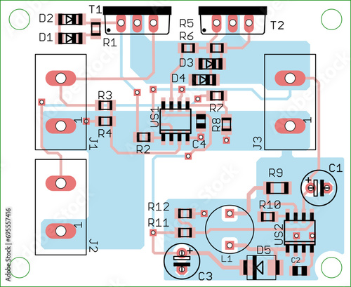 Vector printed circuit board of an electronic 
device with components of radio elements, 
conductors, contact pads placed on it. 
Engineering technical drawing. Pcb pattern. Electric background. 