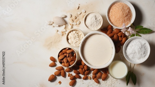 An image presenting a diverse assortment of almond products--almond milk, almond butter, and almond flour--arranged in an appealing composition, highlighting their culinary versatility. © SAJAWAL JUTT