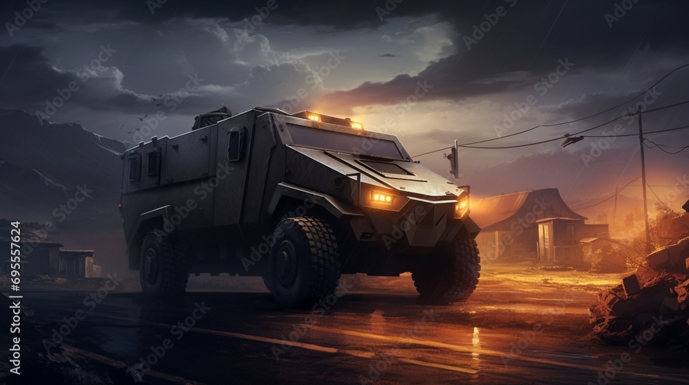 An armored vehicle stationed at a roadblock, its imposing presence highlighted by the stark contrast between its matte finish and the surrounding environment - obrazy, fototapety, plakaty 