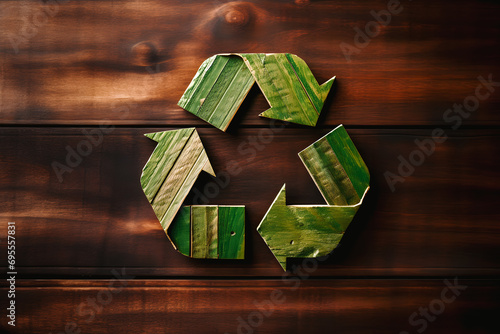 Logo du recyclage en bois  sur fond bois photo