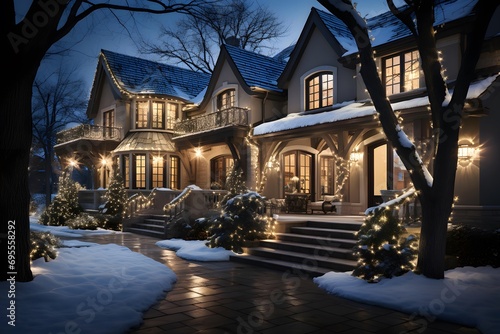 Panoramic view of luxury modern house at night with snow.