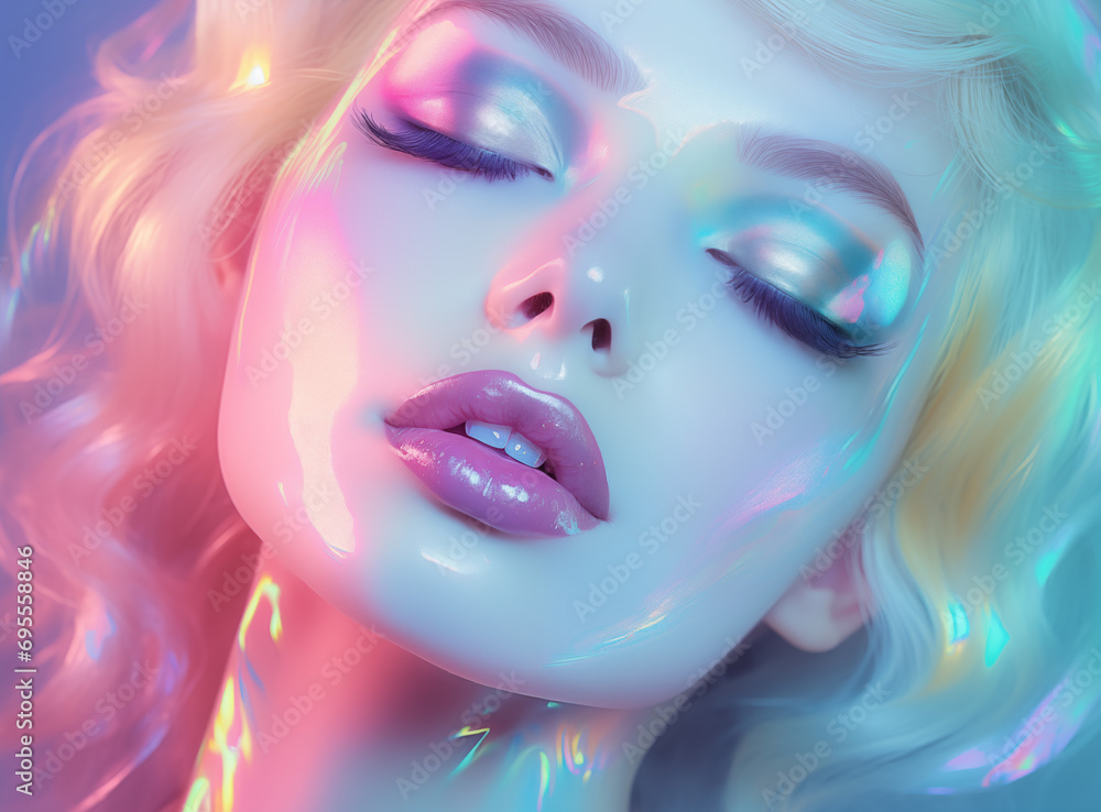 Fce beuatiful gilr with close eyes shiny background with white and blue holographic reflections, in the style of pastel gothic, light yellow and light magenta