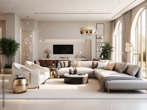 Sleek Living Room Sanctuary with Designer Furniture  High Ceilings  and Elegant Decorative Accents.