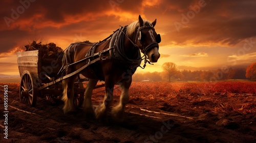 A tranquil scene of a horse-drawn plow turning rich soil in preparation for planting, set against the backdrop of a vibrant sunrise