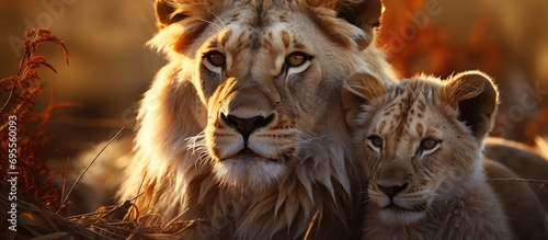 Mother Lion is hugged by her son with love