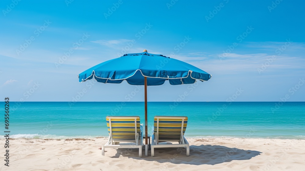 A beautiful tropical beach and sea can be found outdoors with an umbrella and chair