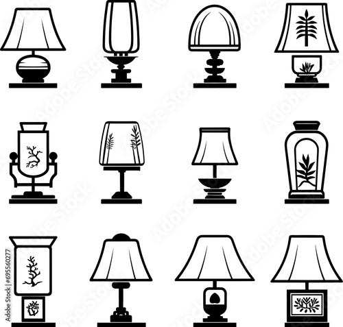 Floor and table lamps vector illustration Set of black silhouettes white background. AI generated illustration.