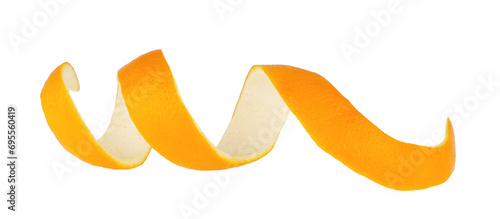 Spiral form of orange skin isolated on a white background, top view. Orange peel. Citron.