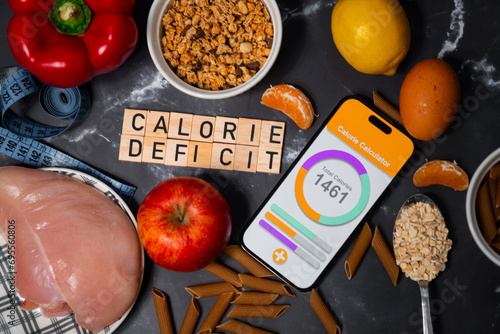 Flat lay photo showing calorie deficit. The inscription calorie deficit next to fruit, vegetables, meat and pasta. A healthy, tasty and balanced diet