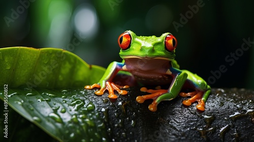 A close-up of the red-eyed tree frog aglychnis callidryas perched on leaves.