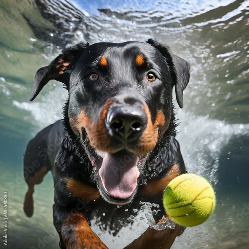 dog submerged in water, playing with a ball