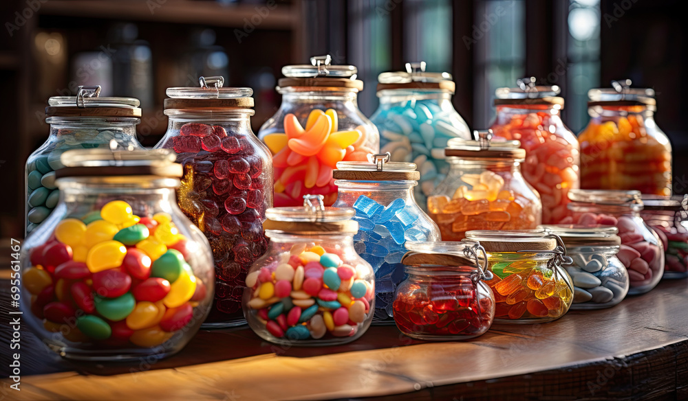 Glass jars with different candies bright colorful photo Glass jars with different candies bright colorful photo