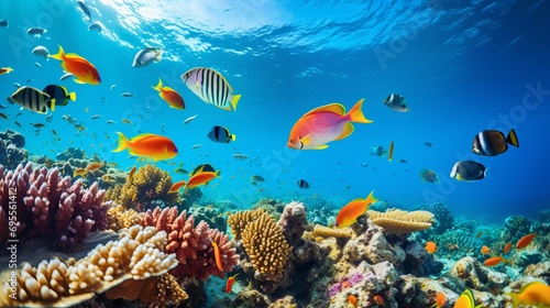 A coral reef that is vibrant has a variety of fish swimming in it © Ruslan