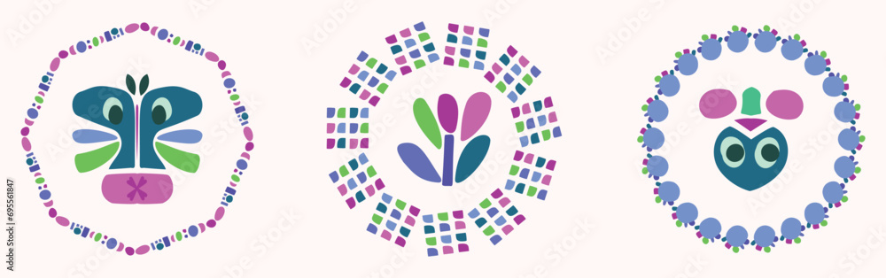 Fototapeta premium Simple nature leaf and monster illustration set in decorative wreath for kids flower animal vector motif. Whimsical colorful drawing in happy nature style. 