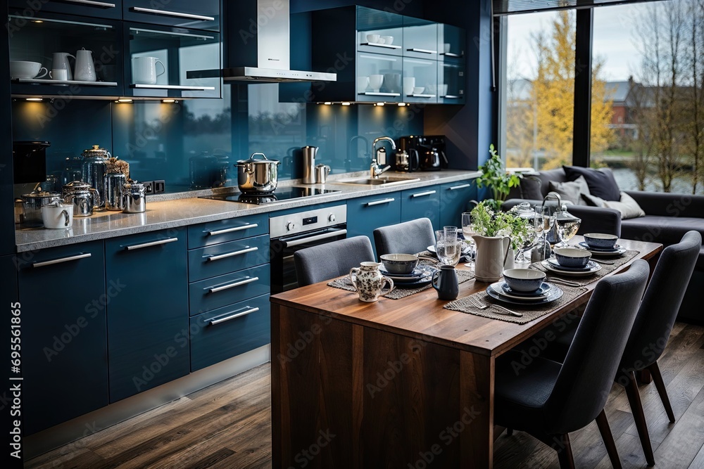 cuisine moderne de couleur bleu et orange avec table mise avec assiettes et couverts - obrazy, fototapety, plakaty 
