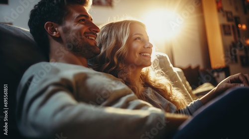 couple souriant en train de regarder un programme sur leur télévision assis dans le canapé de leur salon photo