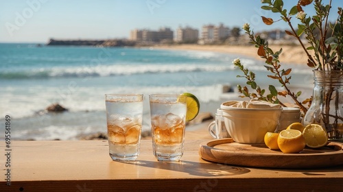 bar en bois d'une villa en bord de mer donnant directement sur la plage, cocktail aux agrumes prêt à être consommé photo