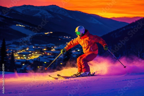 skieur qui descend une piste de ski à grande vitesse photo