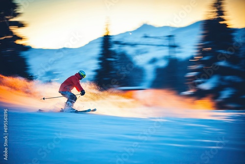 skieur qui descend une piste de ski à grande vitesse