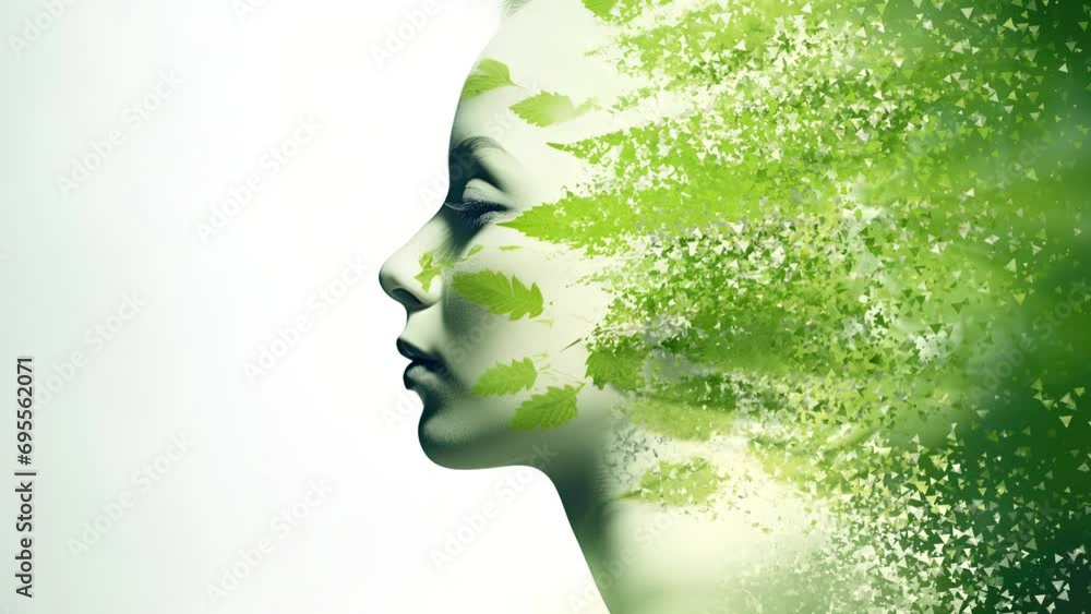 save the green planet concept with face covered with green plants from ...