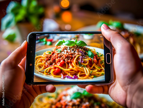 Zbliżenie na telefon osoby która robi zdjęcie spaghetti bolognese.