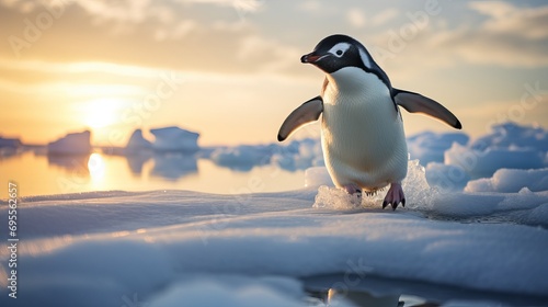 A penguin is strolling along the frozen shore