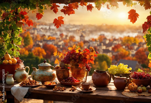 View to a rustic terrace filled with pots with fruits photo