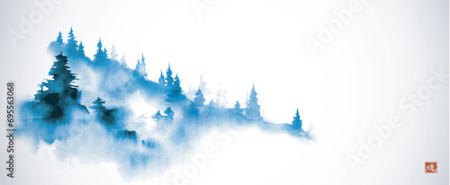 Sumi-e blue ink wash painting of a misty forest on a hillside. Translation of hieroglyph - soul photo