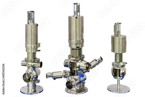 various type of stainless steel sanitary mix valve for manufacturing aseptic process of food beverage or pharmaceutical industrial isolated on white with clipping path