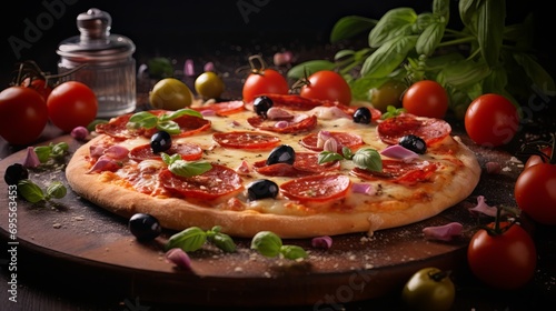 A pizza that has tomatoes, salami, and olives on it.