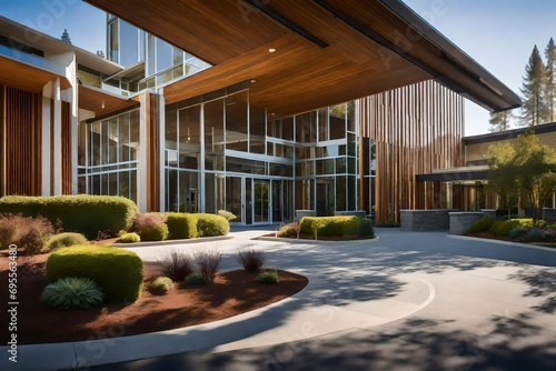 A contemporary, sustainable Hospital campus in Ukiah, Ukiah , photorealistic, Northern Calif , Ukiah , in the style of architecture photo