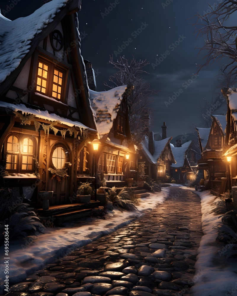 Winter night in the old town. Old european village.