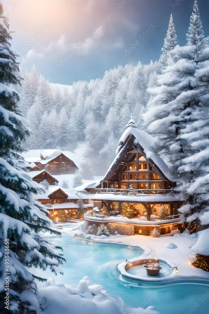 winter snow house mountain landscape christmas tree
