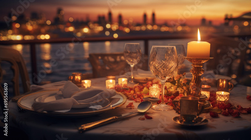 A romantic dinner setup on a boat or ship.
