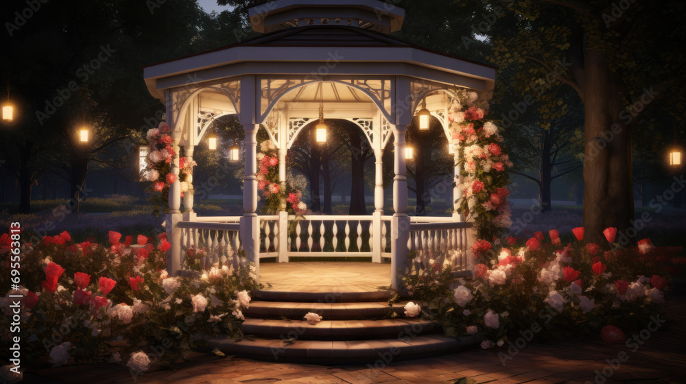 A romantic gazebo decorated with lights and flowers.