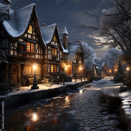 Winter in the village. Old wooden houses on the bank of the river at night.