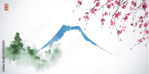 Vector image of Fuji mountain, green pine trees and sakura blossom, in traditional ink wash painting style sumi-e, serene and minimalist