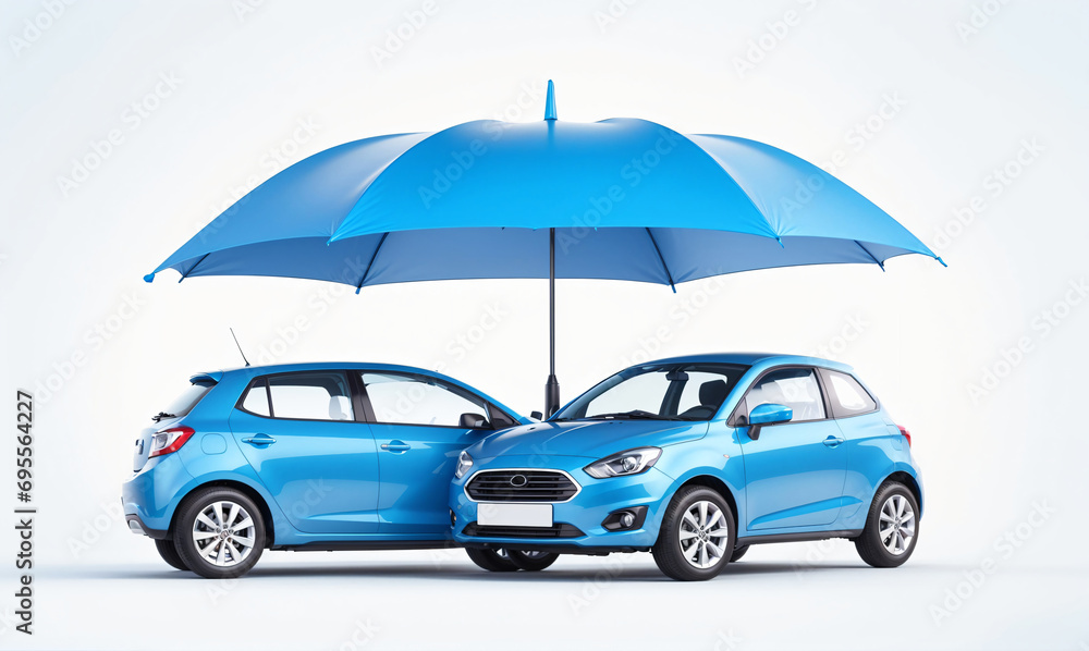safety assurance concept: blue cars stay dry under a whimsical blue umbrella, car protection concept