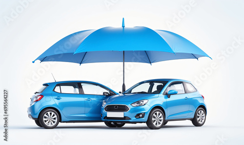 safety assurance concept: blue cars stay dry under a whimsical blue umbrella, car protection concept