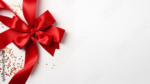 A red ribbon on a white flat lay background with copy space