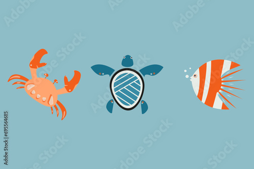 Marine set of sea animals. Crab, turtle an fish on blue background. Cute cartoon vector characters © Larisa