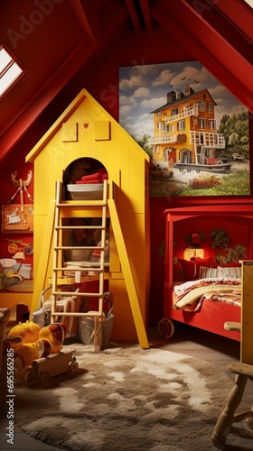 A bright children's bedroom with a 3D intricate pattern in sunflower yellow on the toy organizer, a crimson red rocking chair, a farm life theme, and a barn-shaped bed with a hayloft © Nairobi 
