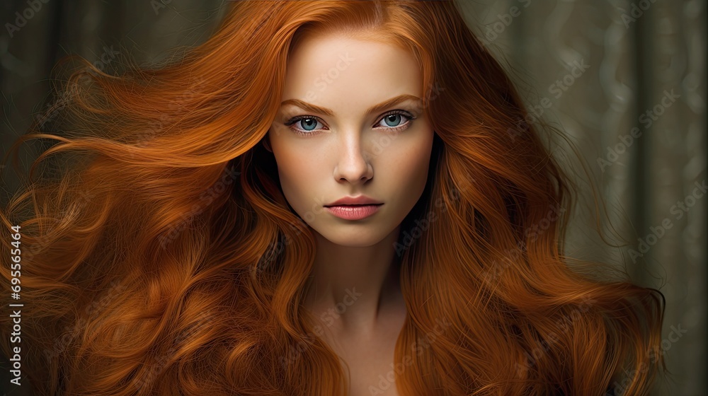 Beautiful female face with powerful silky hair and chic hairstyle done in a beauty salon. Perfect image of a beautiful red-haired woman with developing hair. Illustration for beauty magazine. Beautiful female face with powerful silky hair and chic hairstyle done in a beauty salon. Perfect image of a beautiful red-haired woman with developing hair. Illustration for beauty magazine.