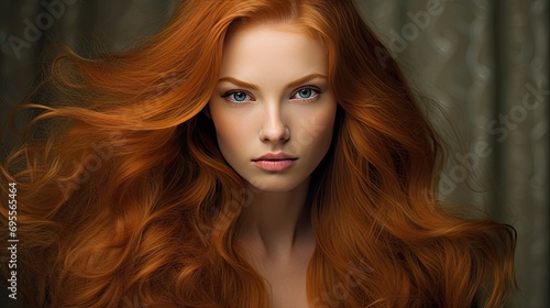 Beautiful female face with powerful silky hair and chic hairstyle done in a beauty salon. Perfect image of a beautiful red-haired woman with developing hair. Illustration for beauty magazine.