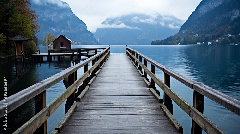 At a lake located in hallstatt, austria, there is a pier.